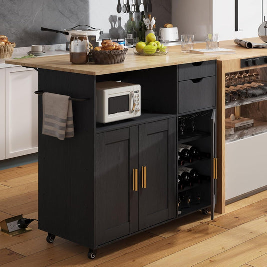 ASTRONAPE Rolling Mobile Kitchen Island Cart with Desktop Drop Leaf Countertop, Island Table Storage with 5 Wheels, Rolling Kitchen Cabinet with Power Socket (Black, with Countertop)