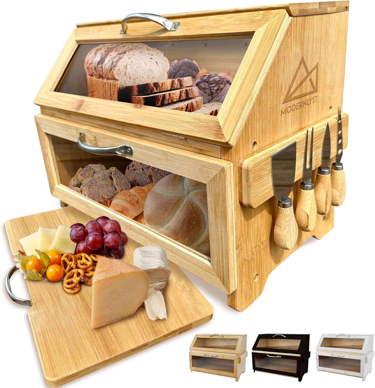 Modernlyst Extra Large Bread Box with Cutting Board & Knife Set | 7 Piece Set | Bamboo Breadbox | Bread Boxes for Kitchen Countertop | Bread Storage Container| Assembly Required