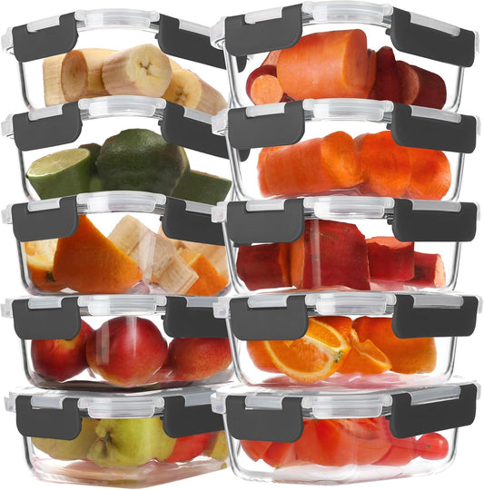 BAYZZ 10 Pack 22 oz Glass Meal Prep Containers, Glass Food Storage Containers with Airtight Lids, BPA-Free, Freezer and Microwave Safe