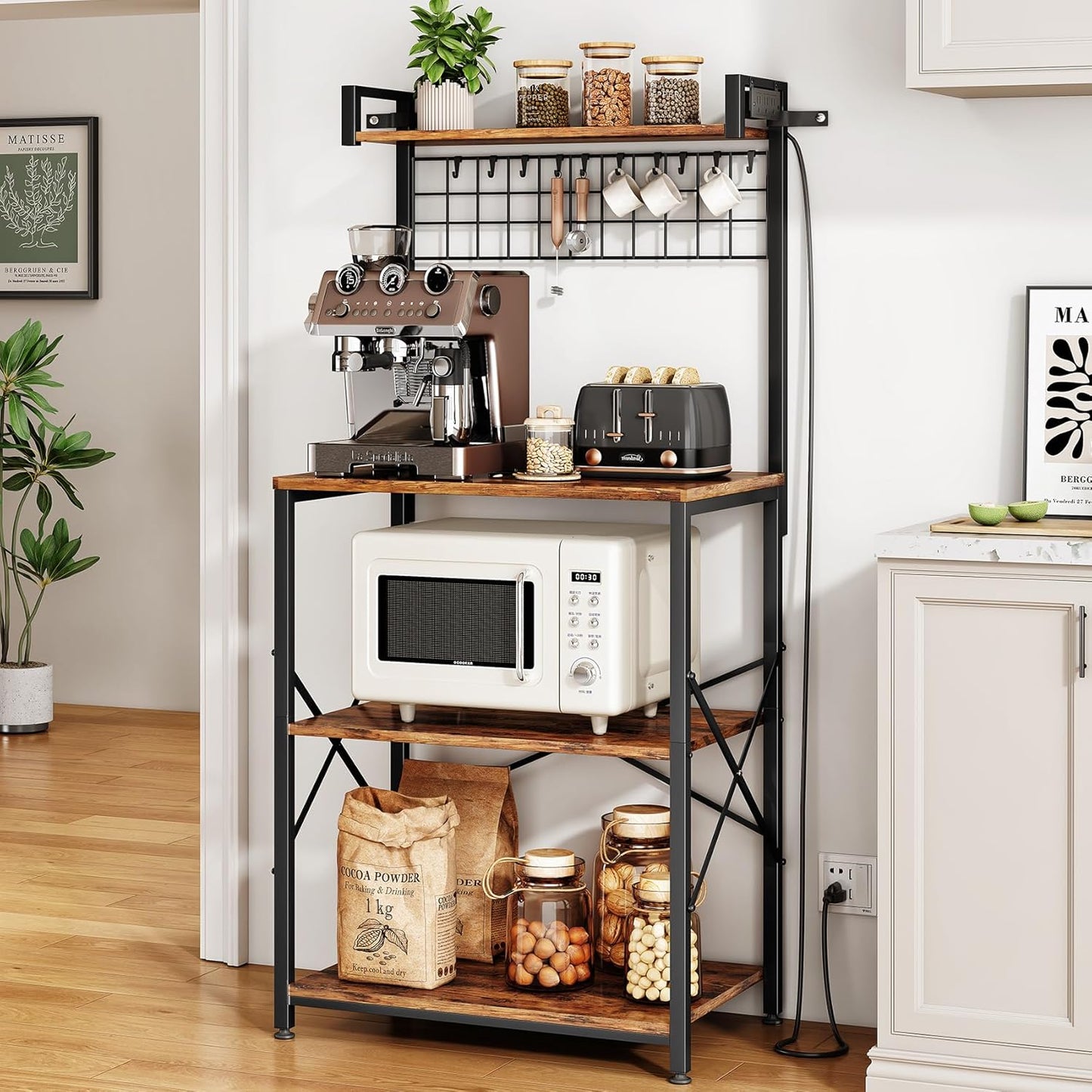 Bakers Rack with Power Outlet, Kitchen Shelves Microwave Stand with Wire Grid and 10 Hooks, 4 Tiers Coffee Stand (Rustic Brown, 23.5 x 15.6 x 52.8 Inches)