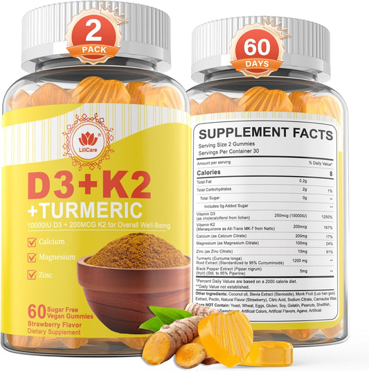 Vitamin D3 K2 Gummies & Turmeric for Women & Men, Vitamin D3 5000IU / 10000IU, K2 (MK-7) 200mcg Supplements with Turmeric 1200mg, Calcium, Magnesium, Zinc, Supports Bone, Teeth, Energy & Immune, 2PACK