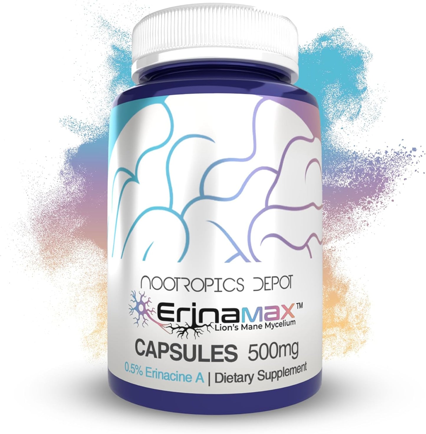Nootropics Depot Erinamax Lion's Mane 500mg Capsules | Liquid Culture Mycelium | 2.5mg Erinacine A | Mood, Cognition, & Nerve Support | 60 Count