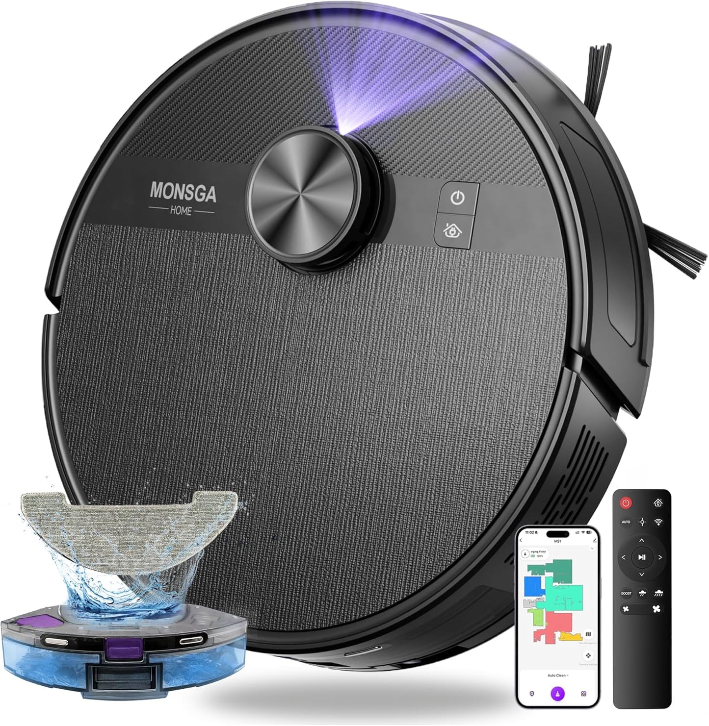 MONSGA Robot Vacuum and Mop Combo, 5000Pa Robotic Vacuum with Lidar Navigation, 180mins Runtime, Tangle-Free Robot Mop, 5 Editable Maps, APP\/Remote\/Voice Control, Ideal for Hard Floors and Carpets