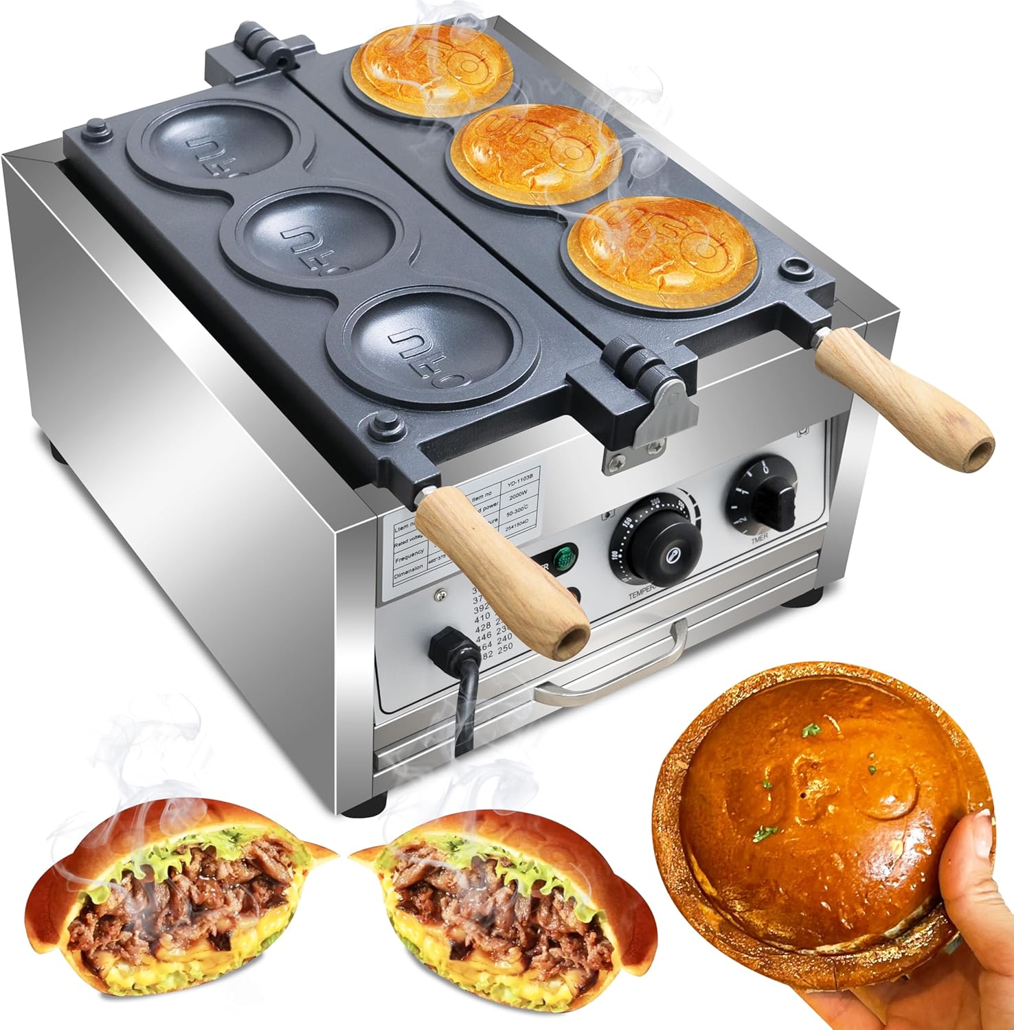 Ice Cream UFO Burger Maker 3pcs, Electric Burger Waffle Maker, rotary Hamburger sandwich machine Non-stick Panini press waffle machine 110V Gelato Panini Press machine for Home Kitchen Use Breakfast
