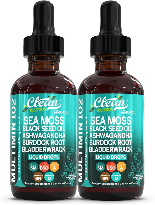 Clean Nutraceuticals Sea Moss Drops Supplement Liquid with Black Seed Oil Ashwagandha Burdock Root & Bladderwrack - Multimineral Organic Non-GMO Vegan for Gut Heath Skin Immune Support Hair (2)