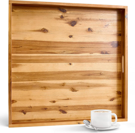 TIDITA 24 Inch Acacia Wood Ottoman Tray - Wooden Square Serving Tray with Handles - Extra Large Food Serving Trays for Decorative, Coffee Table, Breakfast in Bed - Charcuterie Trays Use for Kitchen