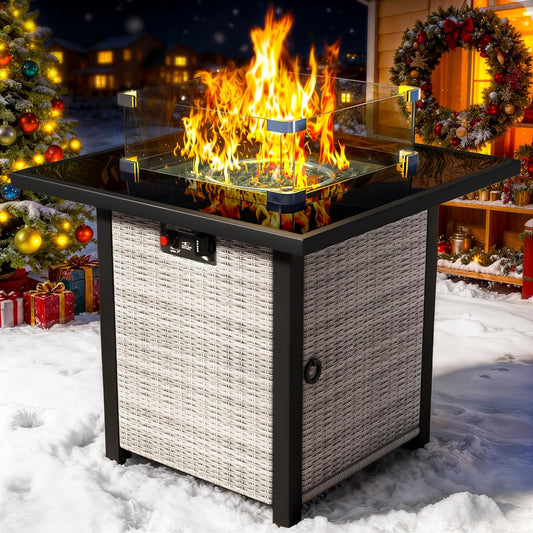 Propane Fire Pit Table, Outdoor Fire Pit Table, 28" Rattan Square Outdoor Gas Fire Pit with Glass Wind Guard, Tempered Glass Tabletop, Lid, CSA Listed, 50,000 BTU for Outside Patio Deck & Garden