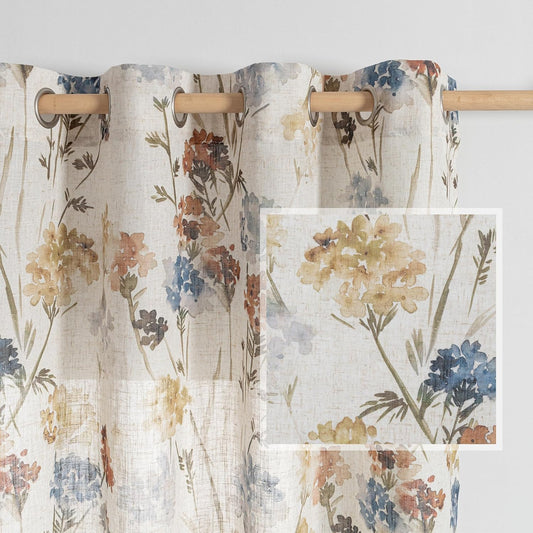 MYSKY HOME Linen Floral Curtains & Drapes 63 Inch Long 2 Panels Semi Sheer Light Filtering Privacy Flower Print Grommet Window Treatments for Kitchen Bedroom, 52" Wide Each Panel, 2 Pcs, Yellow