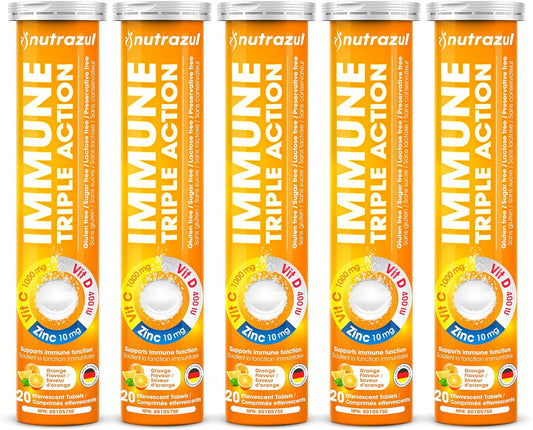 nutrazul Immune Triple Action Effervescent Tablets - Vitamin C 1000 mg, Vitamin D 400 IU, Zinc 10mg I Orange (Pack of 5X20) | Gluten Free, Sugar Free, Lactose Free & Preservative Free