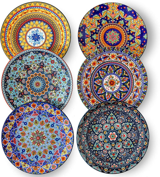 glowworm Dinner Plates, 10.5 Inch Ceramic Plates Set of 6 for Steak, Snacks, Pizza, Cake, Colorful Serving Dishes for Kitchen, Microwave, Oven & Dishwasher Safe, Bohemian