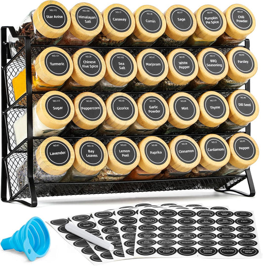 AOZITA Spice Rack Organizer for Cabinet, 28 Empty Spice Jars with Bamboo lids, Funnel, Spice Labels, Seasoning Organizer for Countertop, Cabinet, Kitchen, Pantry, Cupboard