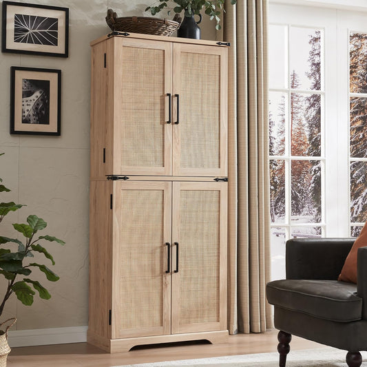 ACCOHOHO 72" Tall Kitchen Pantry with Natural Rattan Doors, Storage Cabinet with Organizer, Drawer and Adjustable Shelves, Wicker Cupboard for Kitchen, Dining Room, and Hallway, Natural Oak