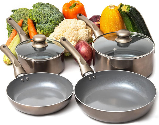 Moss & Stone 6 Pcs Dark Grey Nonstick Cookware Set, Pots And Pans Set Non stick With Glass Lid, Induction Cookware, Stay-Cool Handle PTFE\/PFOA Kitchen Pots 6-Piece with Frying Pans & Saucepan