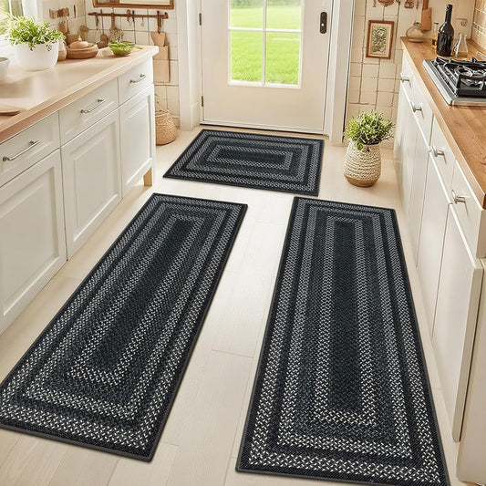 HEBE Washable Kitchen Rugs Sets of 3, Non Slip Absorbent Kitchen Rugs and Mats, Farmhouse Stain Resistant Faux Jute Kitchen Mat Carpet Runner for Kitchen Floor, Laundry Room, Hallway, Black\/Grey