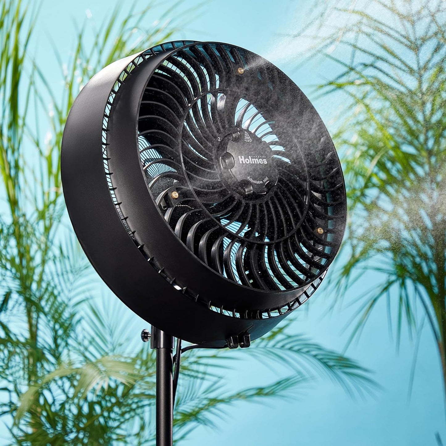 HOLMES 16" Outdoor Misting Stand Fan, Hose Connection, 3 Speeds, 3 Micro-Mist Levels, 80° Oscillation, Adjustable Height, 25° Head Tilt, GFCI Plug, Black