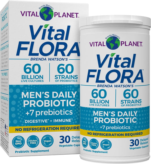 Vital Planet - Vital Flora Probiotics for Men, 60 Billion CFU, 60 Diverse Strains, 7 Organic Prebiotics, Men’s Daily Shelf Stable Probiotic for Immune Support, Gas Relief, Digestive Health 30 Capsules