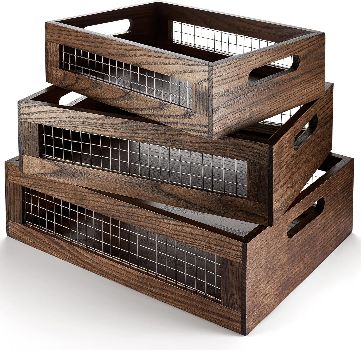 Wooden Nesting Countertop Baskets Set of 3 for Kitchen, Bathroom, Pantry|Wall Mount Upgrade with Full Accessories|Wooden storage organizer For Fruit, Vegetables, Produce, Bread|Wooden Crate with handles|Decorative Walnut Wood and Metal Wire