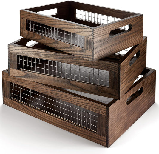 Wooden Nesting Countertop Baskets Set of 3 for Kitchen, Bathroom, Pantry|Wall Mount Upgrade with Full Accessories|Wooden storage organizer For Fruit, Vegetables, Produce, Bread|Wooden Crate with handles|Decorative Walnut Wood and Metal Wire
