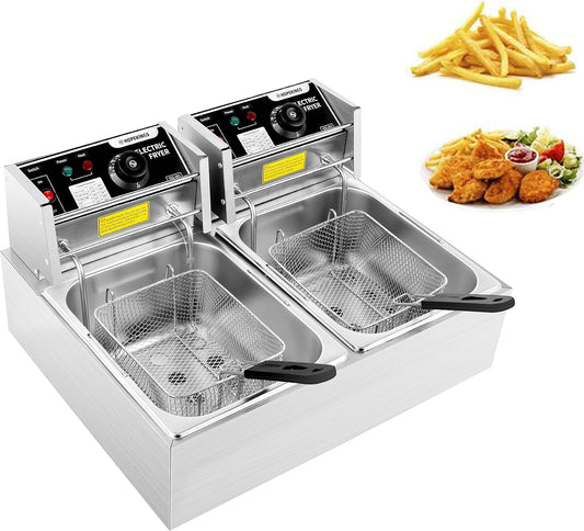 Heavy Duty Deep Fryer, 12.7QT/12L Stainless Steel Large Double Cylinder Electric Fryers with Removable Basket and Professional Heating Element, 110V/5000W Max US Plug (12L)