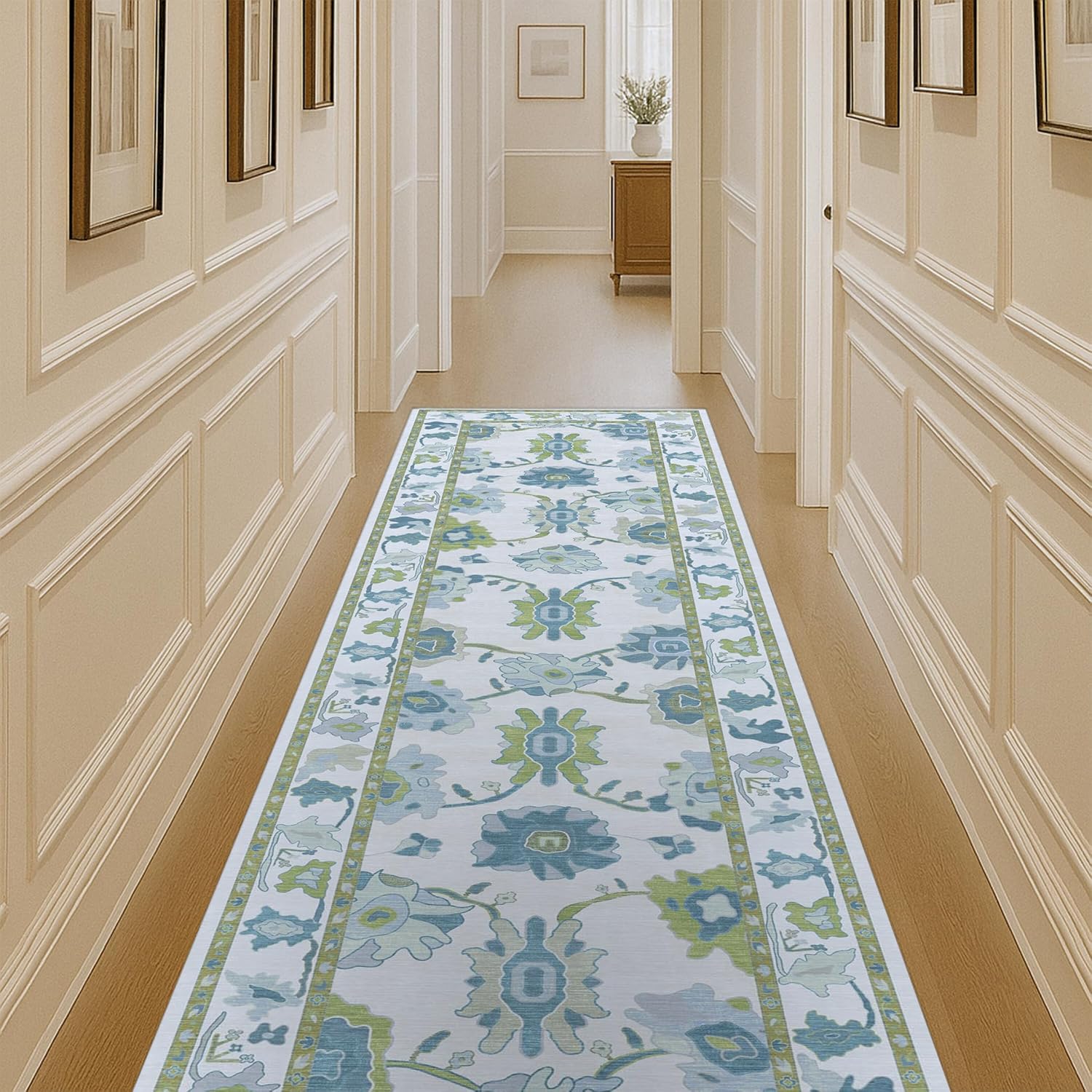 Green Oushak Rug, Modern Rugs, Vintage, Turkish, Eclectic, Floral, Pastel, Washable, Small Throw, Accent Area Rug for Living Room, Bedroom, Kitchen, Bathroom, 2'5"x4'9"