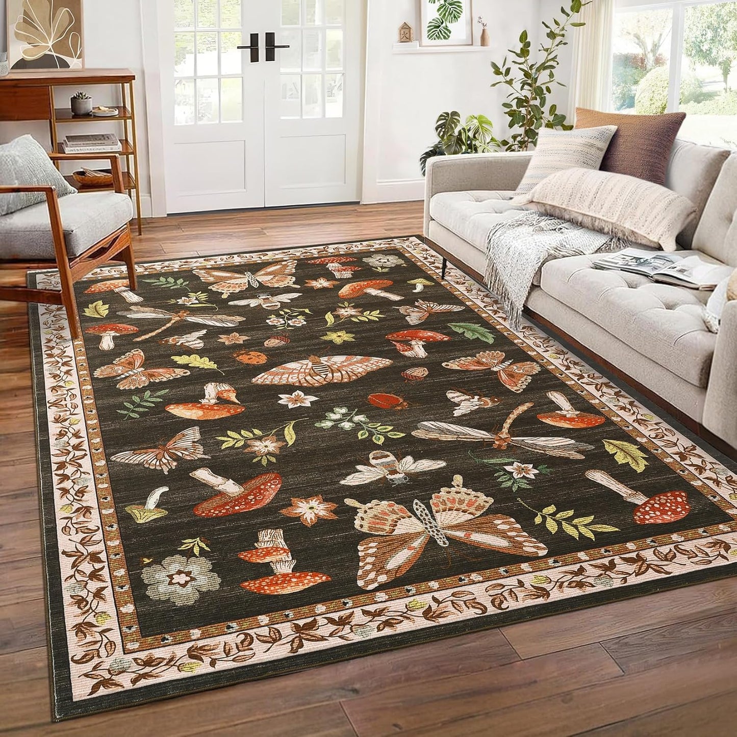 4x6 Rug Non-Slip Washable Carpet - Mushroom Soft Low-Pile Stain Resistant Foldable Rugs for Nursery Kitchen Bedroom Living Room Entryway Indoor Mat with Rubber Back Brown