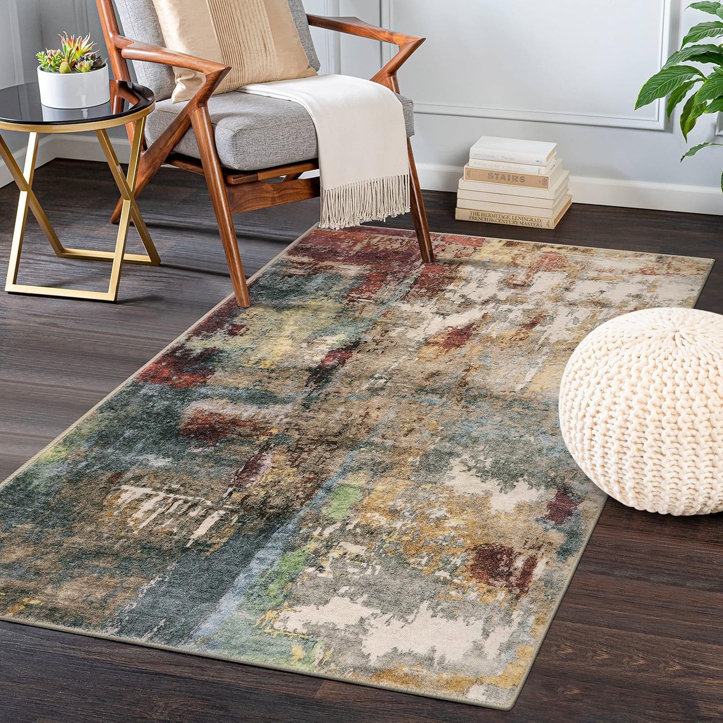 Lahome Modern Abstract Area Rug - 3x5 Washable Bedroom Rug Soft Throw Entry Mat Non-Slip, Contemporary Faux Wool Stain Resistant Floor Carpet for Living Room Kitchen Chair Door,Red\/Multi