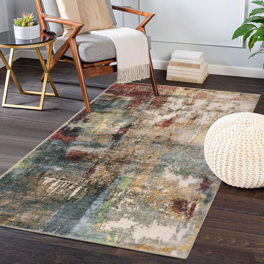 Lahome Modern Abstract Area Rug - 3x5 Washable Bedroom Rug Soft Throw Entry Mat Non-Slip, Contemporary Faux Wool Stain Resistant Floor Carpet for Living Room Kitchen Chair Door,Red\/Multi