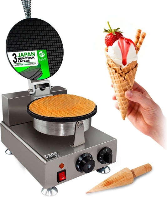 ALDKitchen Waffle Cone Maker | Ice Cream Cone Iron | Nonstick (Round-Shaped)