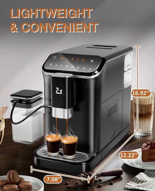 Acekid Automatic Espresso Machine with Milk Frother, Built-In & Espresso Bean Grinder, 20 Bar Latte Machine, Touch Screen Coffee Machine with 1.5L Water Tank