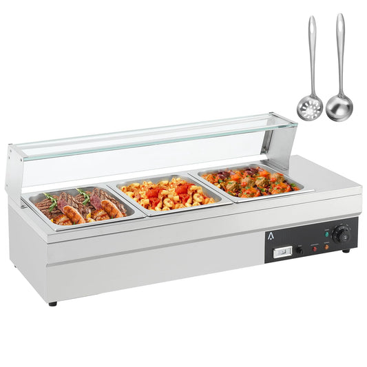 Adoolla 36Qt 3-Pan Commercial Food Warmer with Glass Shield, Stainless Steel Electric Steam Table Buffet Bain Marie