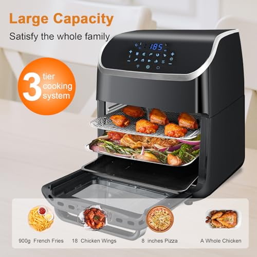 Air Fryer, 10-in-1 12QT Capacity, Large Family Size Oven with Visible Cooking Window, Rotisserie Basket &-Skewer Kit, Less oil Healthy, Dishwasher Safe, Black