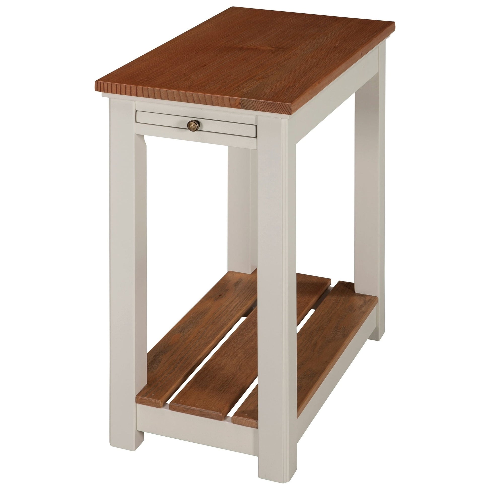 Alaterre Furniture Savannah Chairside End Table with Pull-out Shelf, Ivory with Natural Wood Top