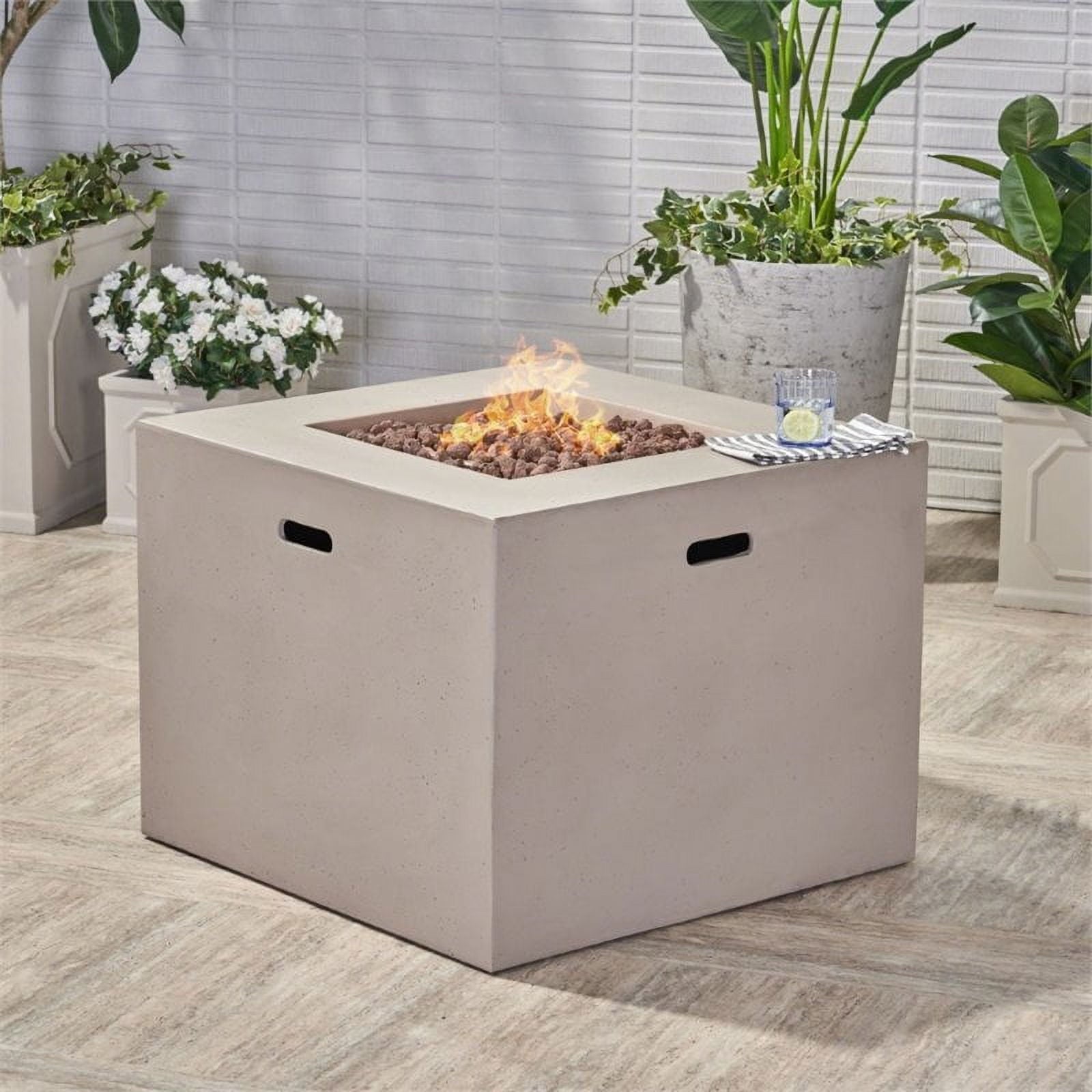 Alison Outdoor 31" Light Weight Concrete Square Gas Burning Fire Pit, Light Gray