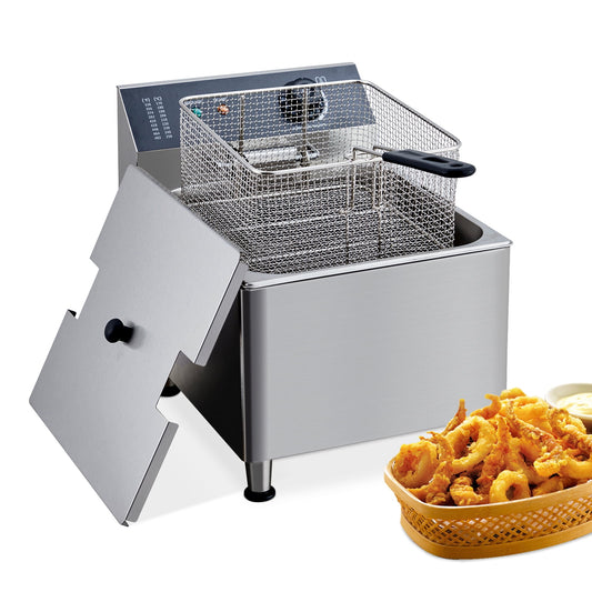 Ataucjin Deep Fryer with Basket Commercial 11L Electric Countertop Fryer Stainless Steel Deep Fryers for Restaurant Home Use with Extra Large Frying Basket and Lid, 110V, 1700W