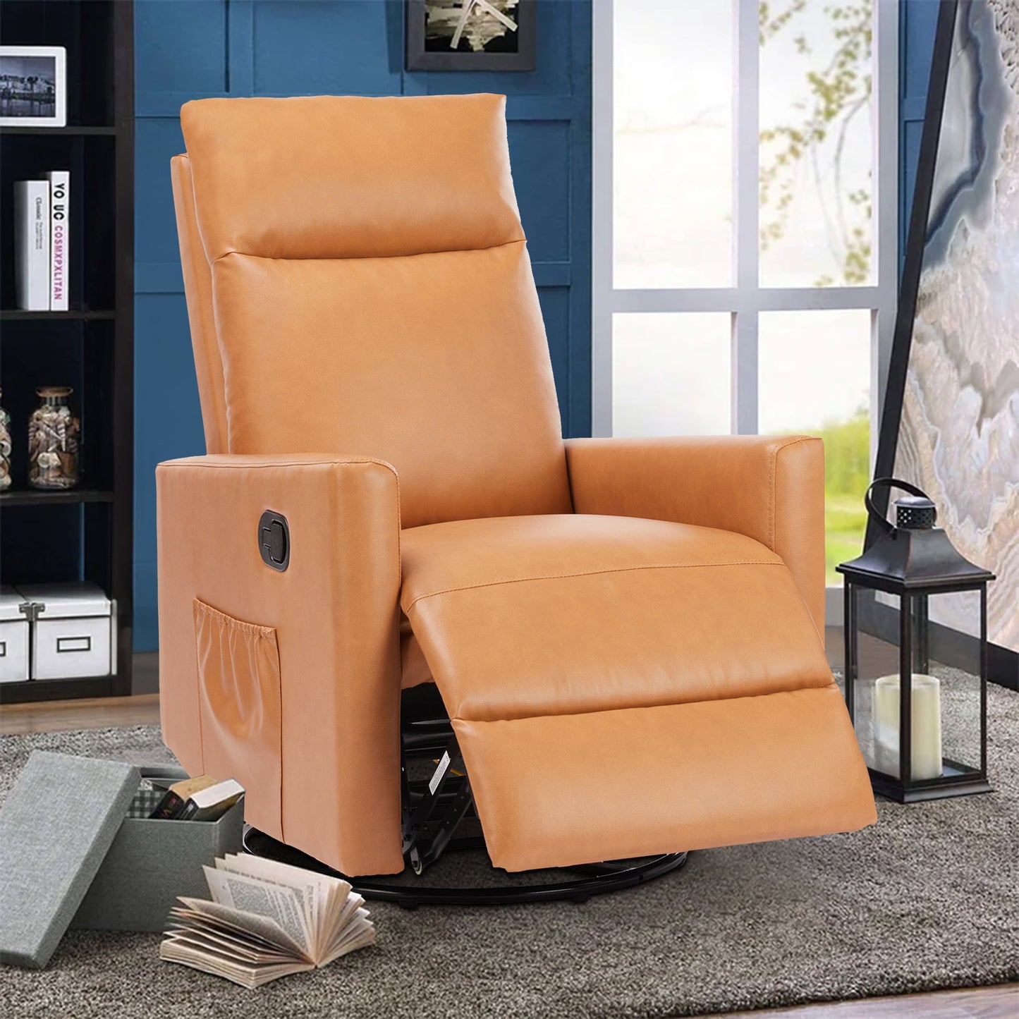 Aukfa 360 Degree Swivel Rocker Recliner Glider Chair for Adults, Living Room, Leather, Brown