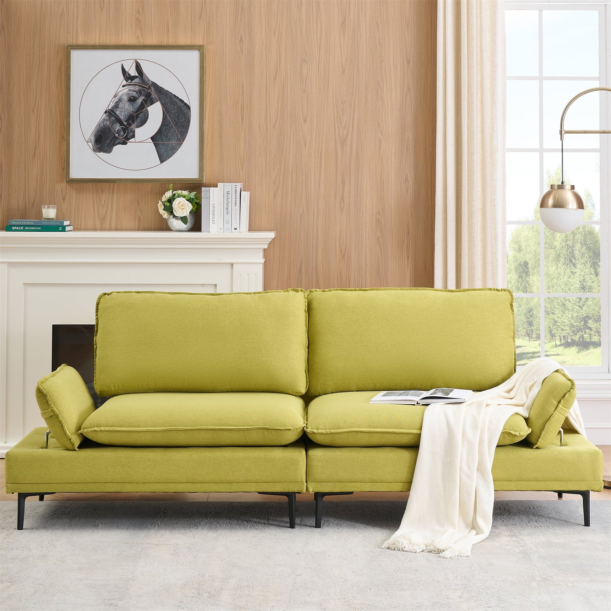 Aukfa 91" Modern Comfy Sofa Adjustable Armrest 3 Seat Deep Seat Couch for Living Room, Linen, Green