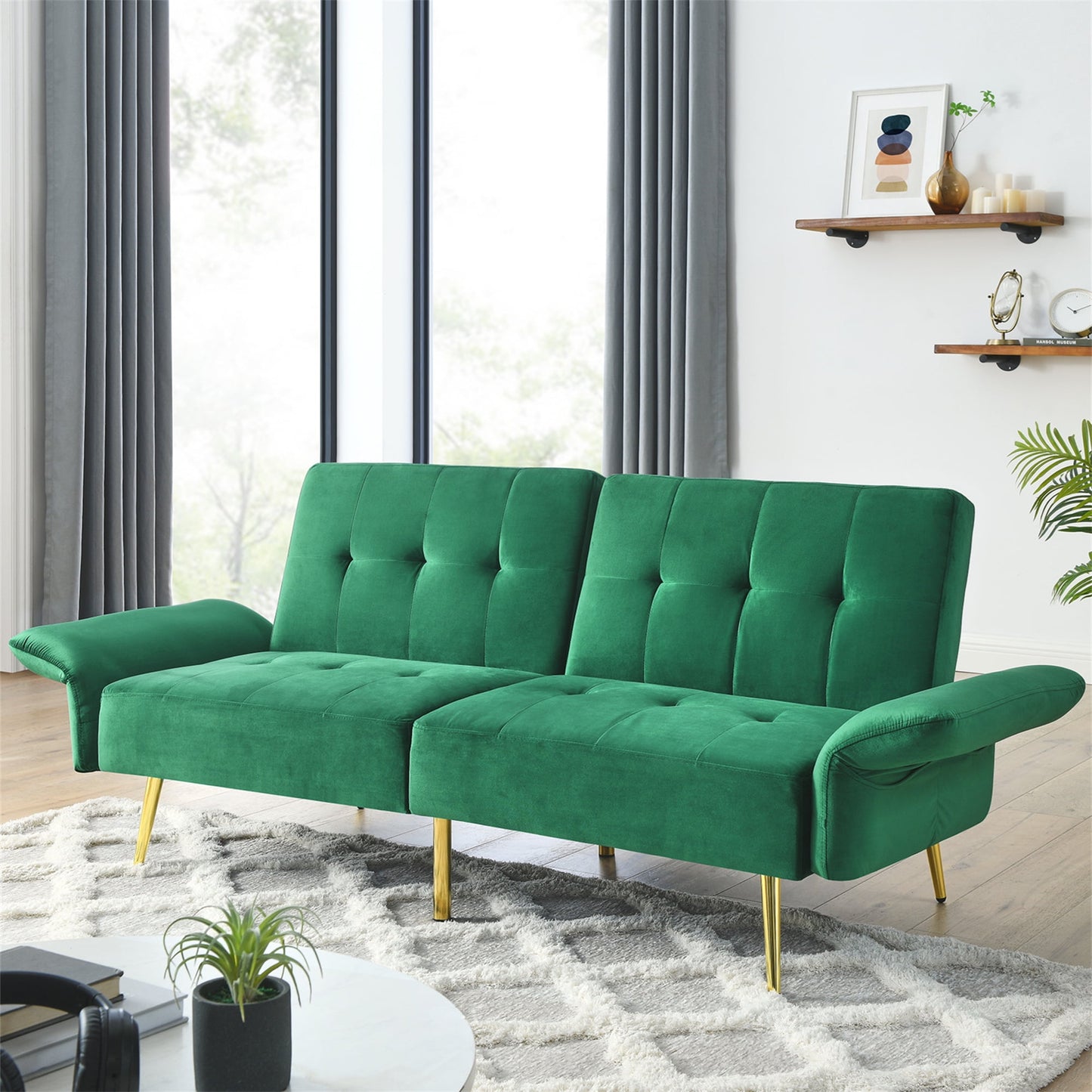 Aukfa Adjustable Arm Futon Convertible Sofa Bed Velvet Sleeper Couch for Home Office, Green