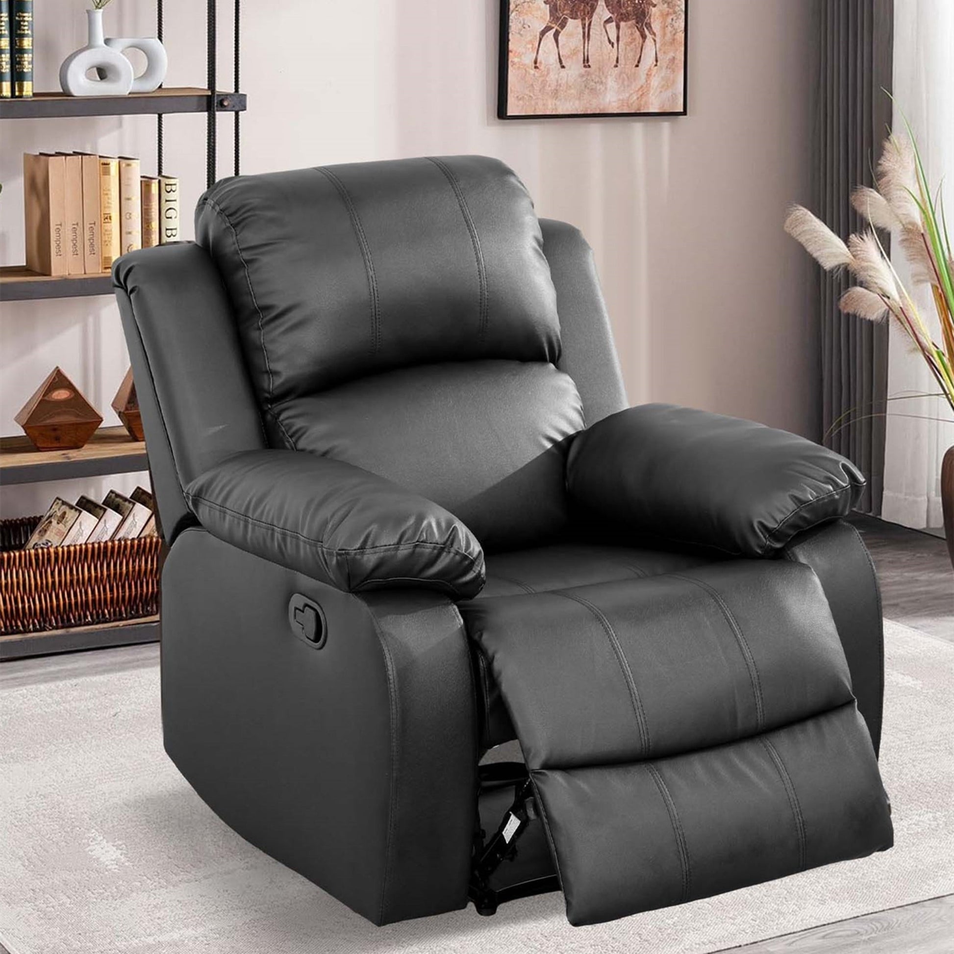 Aukfa Leather Recliner Chair Overstuffed Armchair Single Sofa w/ Lumbar Support for Living Room, Black