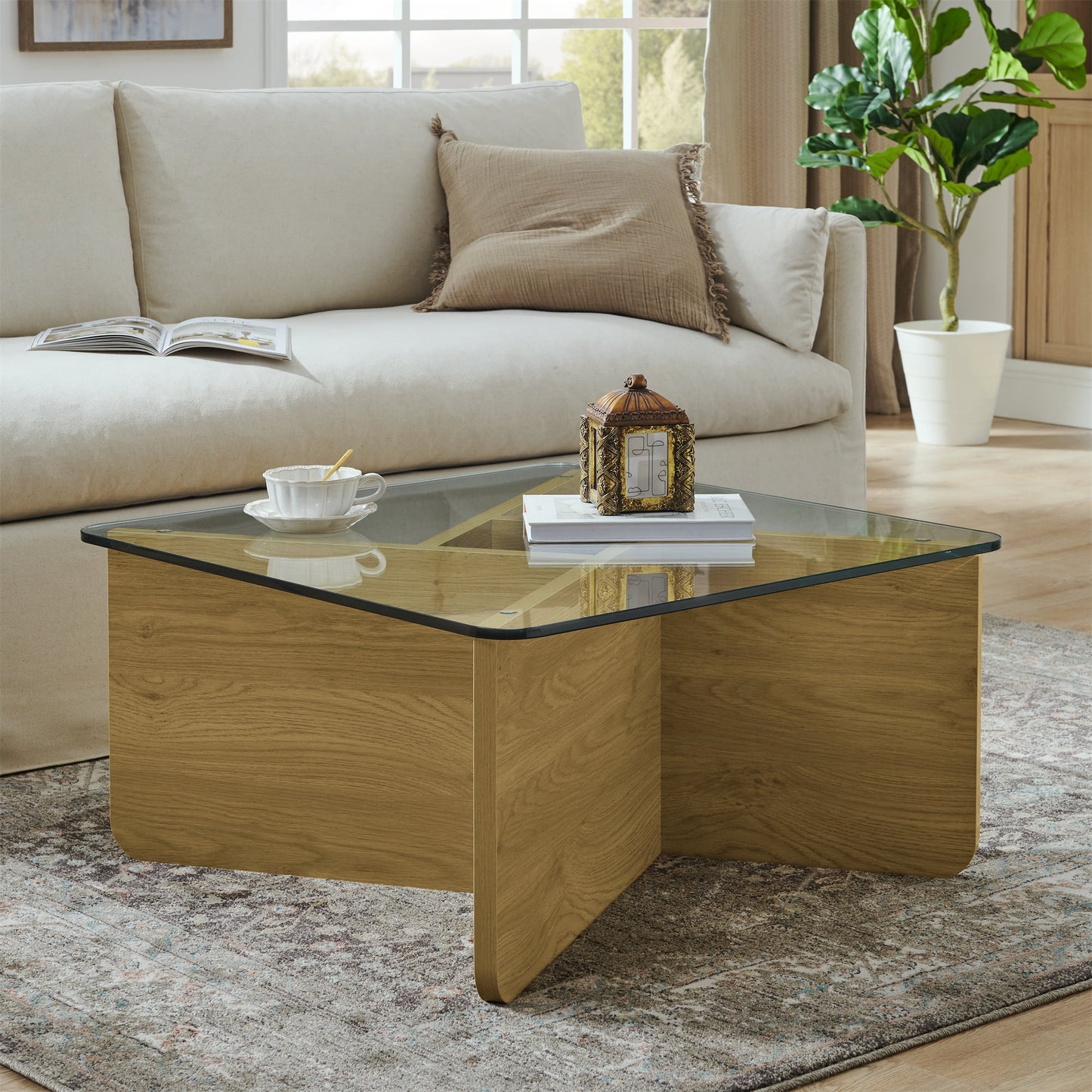 Aukfa Mid-Century Modern Glass Coffee Table for Living Room,Square Cocktail Table,Wood Base,Walnut