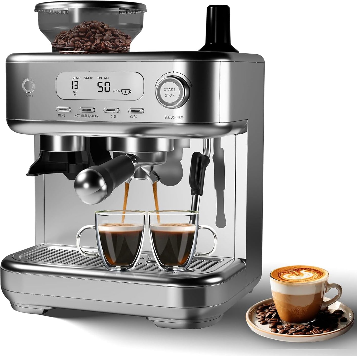 BENESKY Semi-Automatic Espresso Machine, Coffee Machine with Grinder and Steam Milk Frother, LCD Smart Screen Espresso Maker with 78 Oz Removable Water Tank for Cappuccinos and Lattes