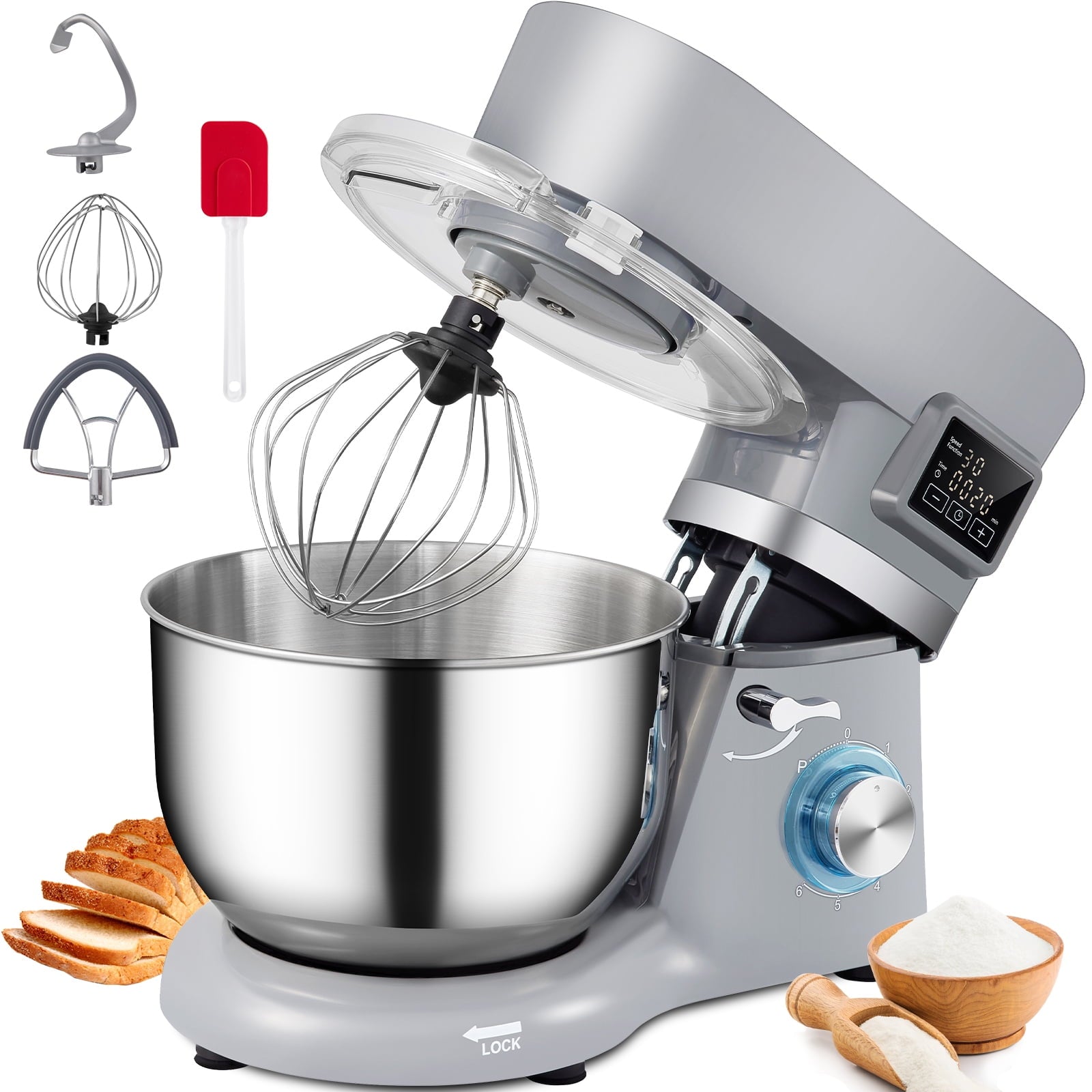 BENTISM Stand Mixer, 660 W, 6-Speed Dough Mixer with LCD Screen Timing, Tilt-Head Food Mixer with 5.8 Qt Stainless Steel Bowl Dough Hook Flat Beater Whisk Scraper Splash-Proof Cover, Gray, 120 V