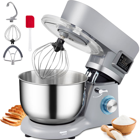 BENTISM Stand Mixer, 660 W, 6-Speed Dough Mixer with LCD Screen Timing, Tilt-Head Food Mixer with 5.8 Qt Stainless Steel Bowl Dough Hook Flat Beater Whisk Scraper Splash-Proof Cover, Gray, 120 V