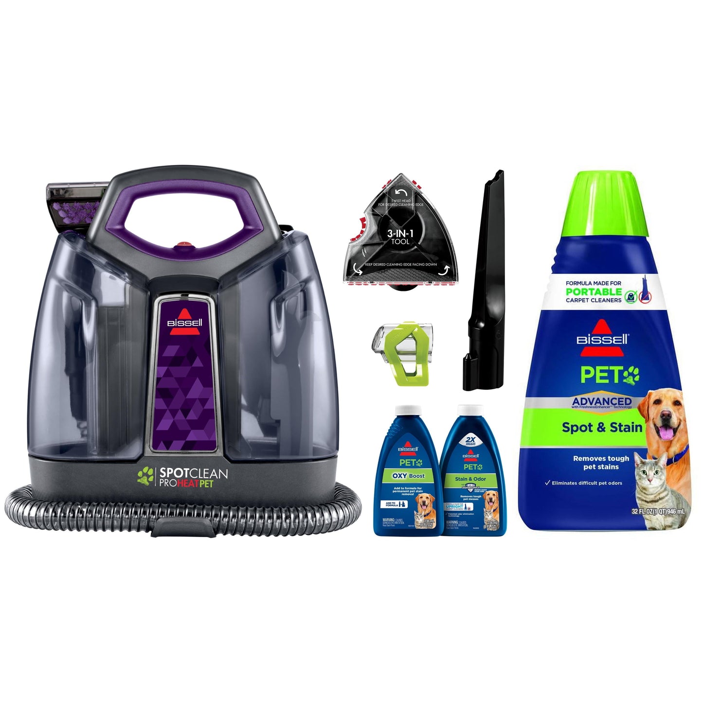 BISSELL SpotClean ProHeat Pet Portable Carpet Cleaner 2513W & BISSELL Pet Stain Odor Remover, 32 Fluid Ounce 74R7V