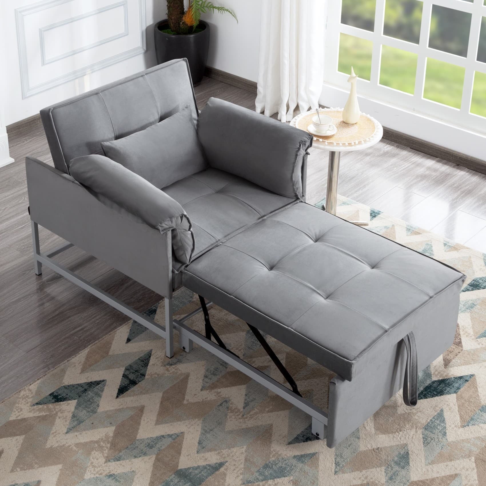 BSHTI 34.3" Convertible Fold Out Sleeper Chair, Sturdy Metal Frame, Velvet Upholstery, 3 Adjustable Angles Reclining Function Sofa Bed, Easy Assembly (Gray)