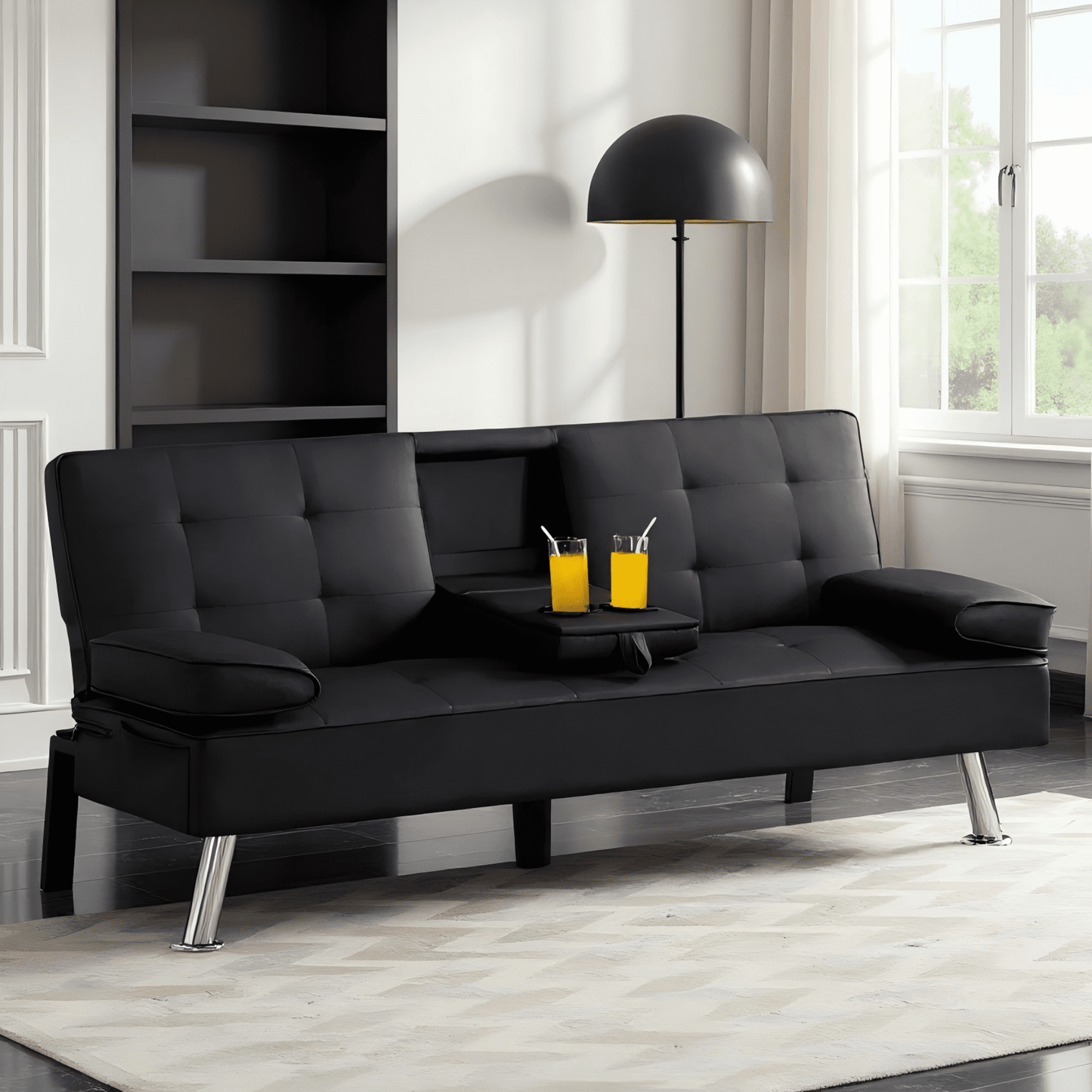 BSHTI 65.3” Futon Sleeper Sofa Bed,Tailored PU Upholstery Futon Sleeper,3 Angles for Adjusting Sofa,for Home,Office,and Guest Room Black