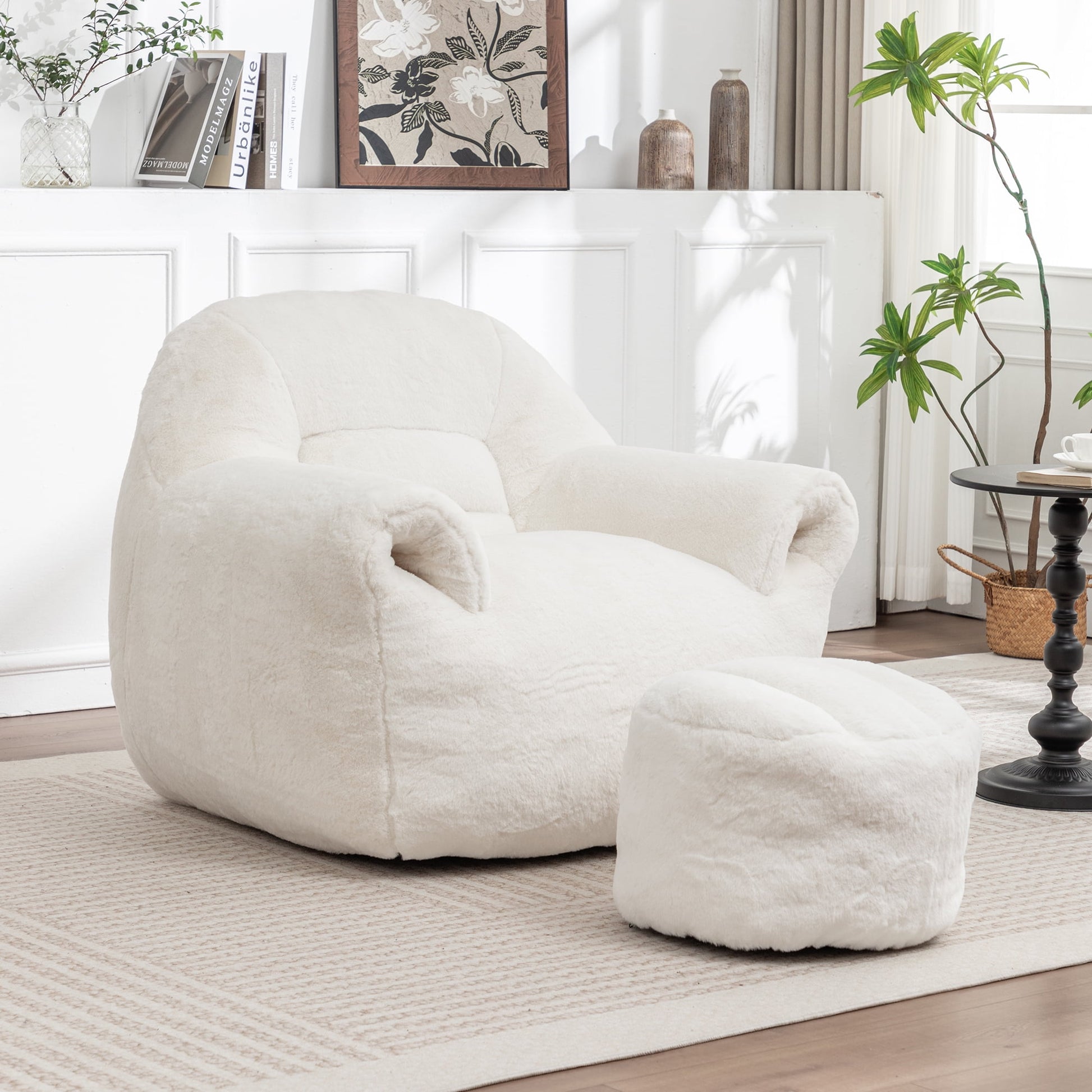 Bean Bag Chair, Comfy Bean Bag Sofa with Back Support, With Footstool,Faux Fur Bean Bag Chair for Adults and Kids, Stuffed Floor Sofa for Living Room, Bedroom,White