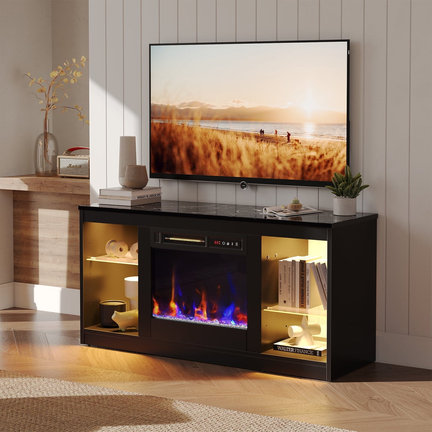 Bestier Modern Electric Fireplace TV Stand for TVs up to 55", with LED and Glass Shelves, Walnut