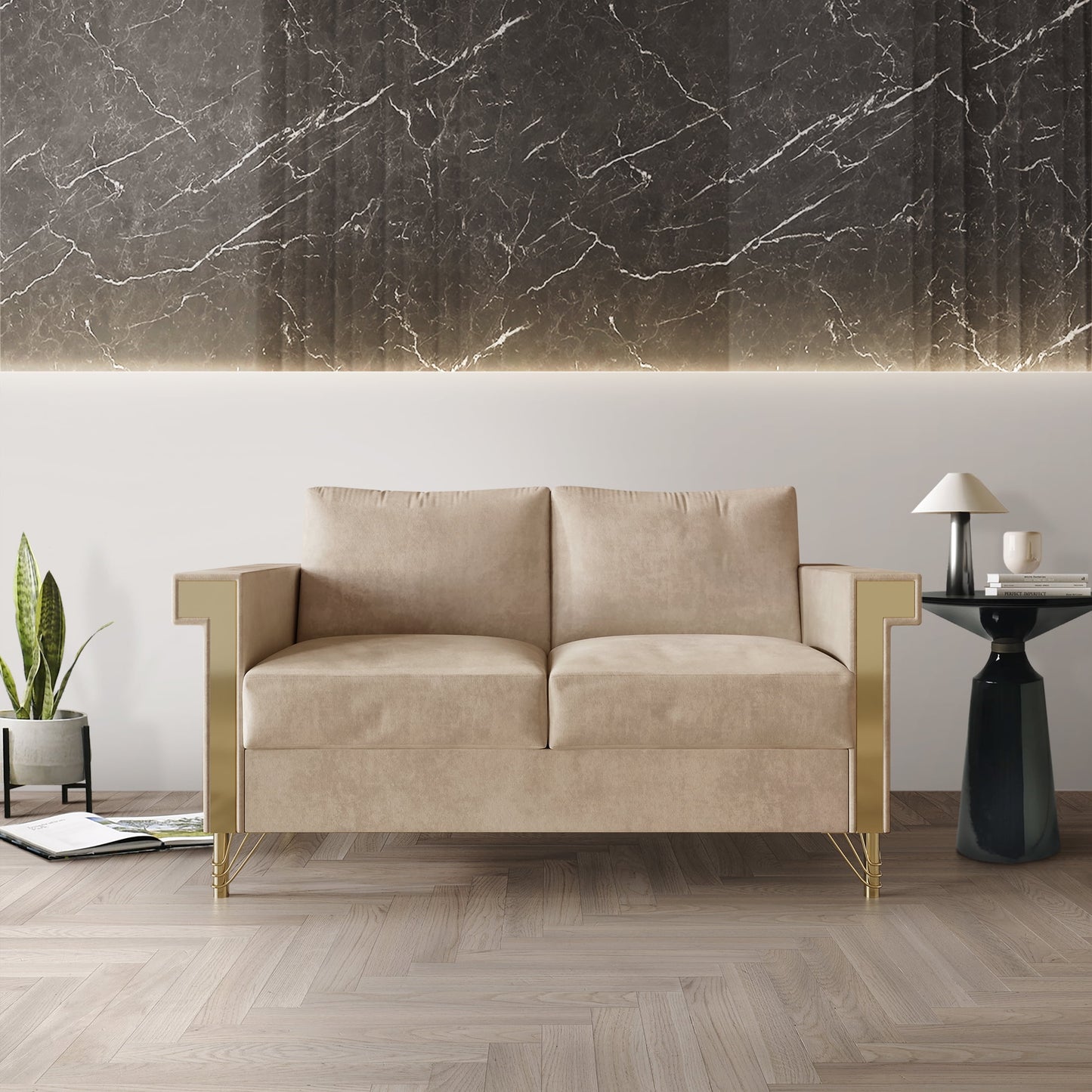 Castle Place Comtemporary Glam Velvet Upholstered Loveseat, Black