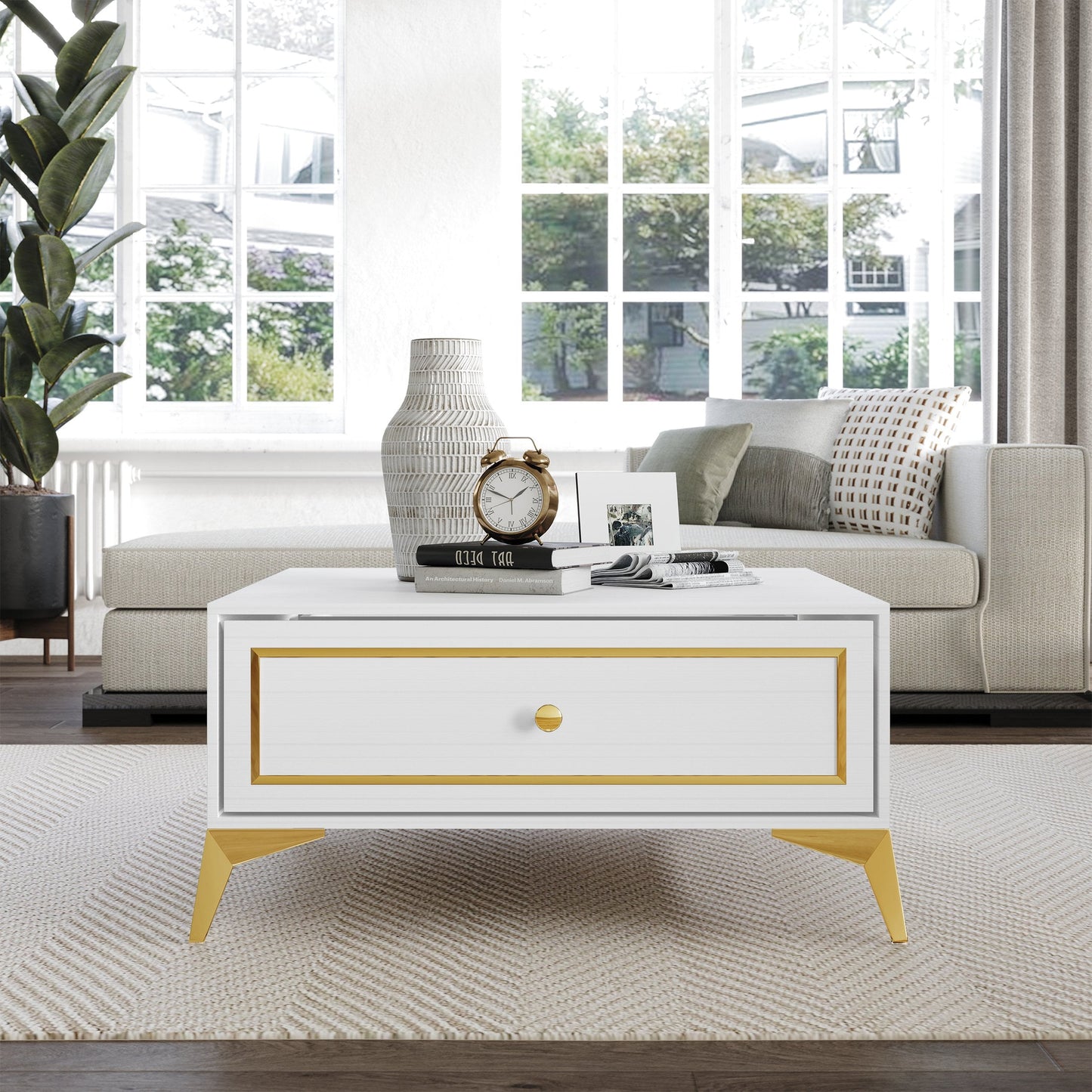 Castle Place Glam Coffee Table with Storage, White