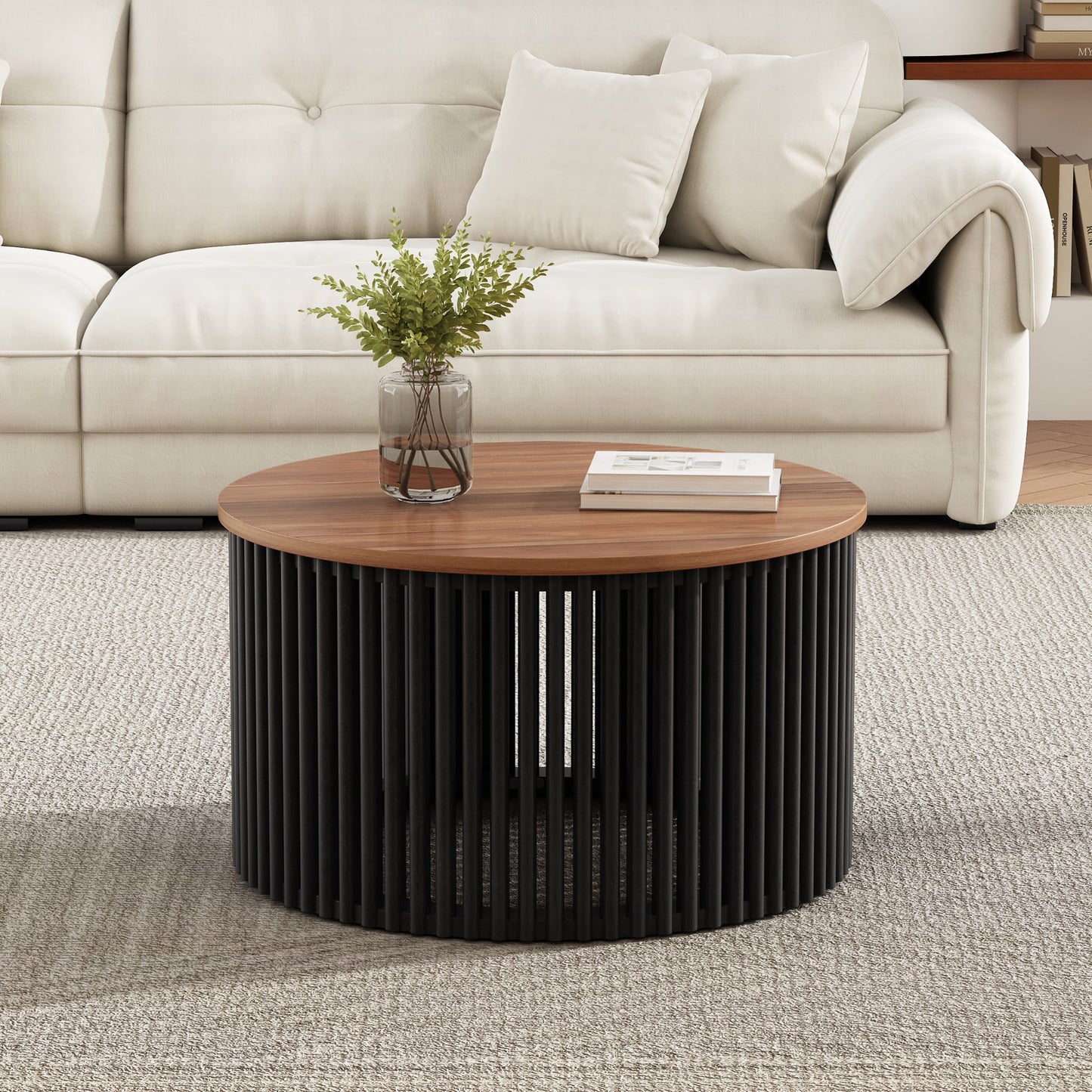 Christopher Knight Home 30" Round Coffee Table, Handcrafted Wood Accent Table, Natural+Black